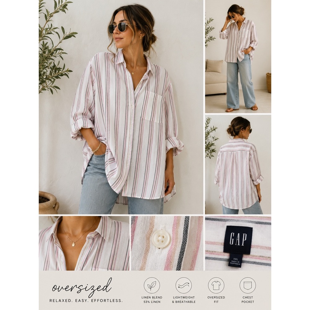 GAP Oversized Button-Down Shirt in White with Pink and Gray Stripes